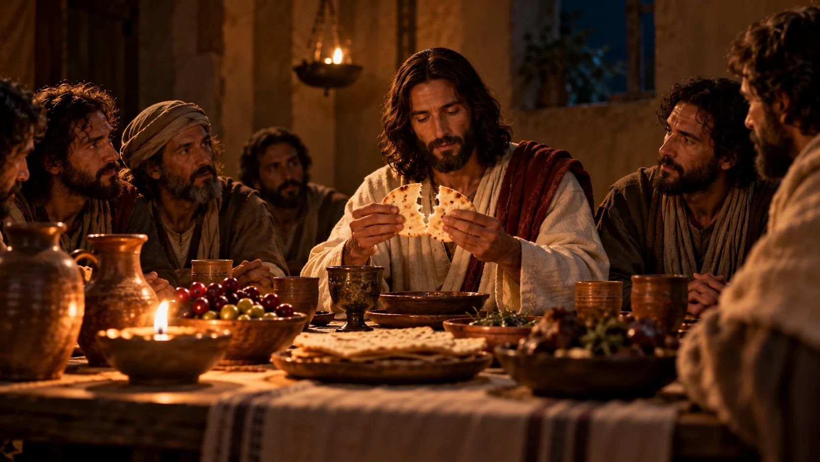 Ilustração de Jesus repartindo o pão à mesa com seus discípulos, à luz de lamparinas.