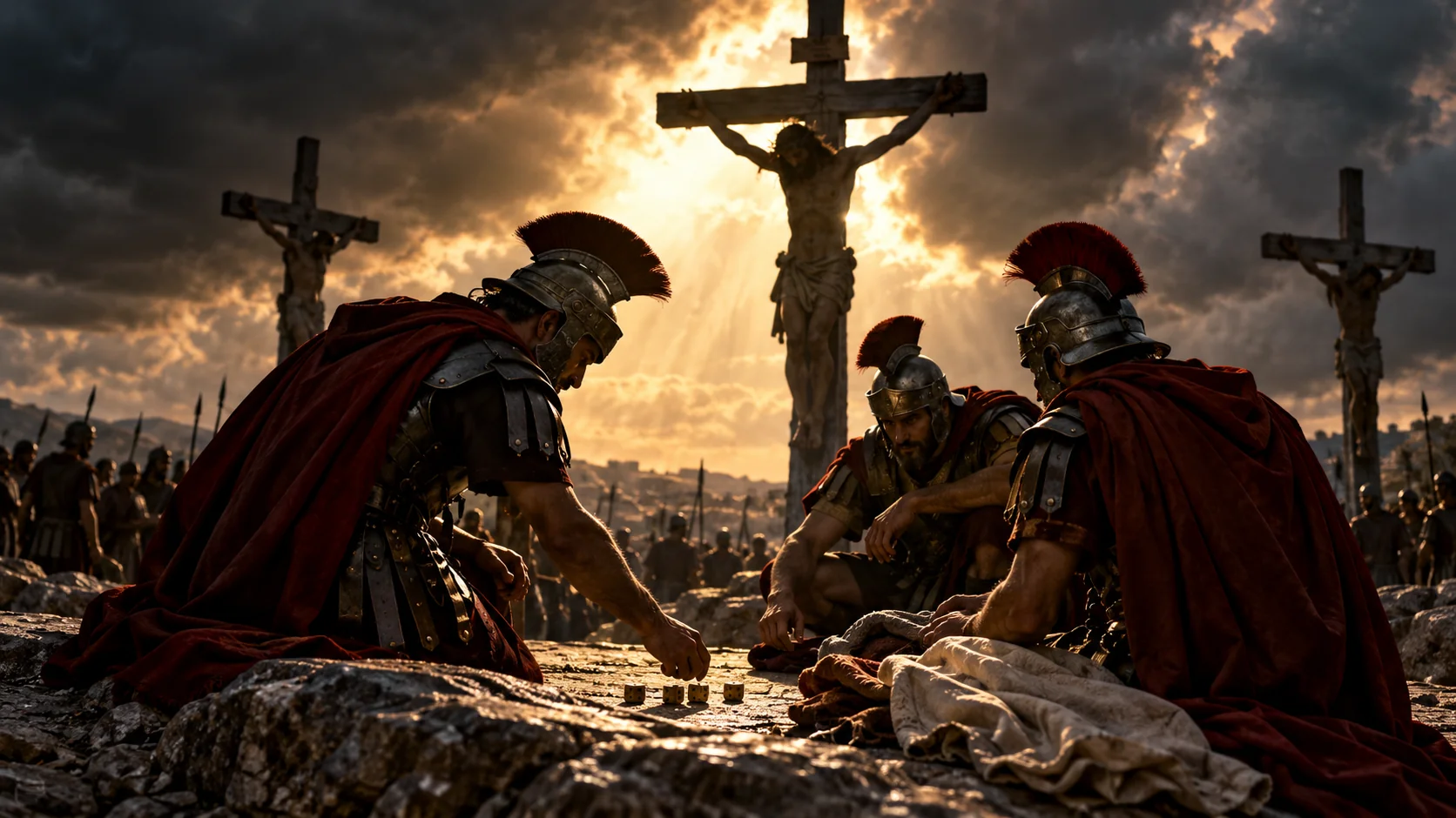 Ilustração de soldados romanos lançando sortes por vestes diante das cruzes.